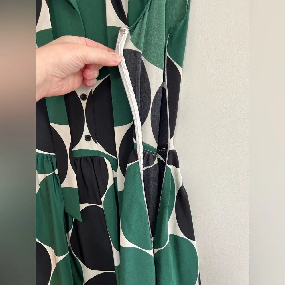 Kate Spade Willa Silk Sleeveless Tie Neck Dot A-Line Dress Green Black, size 0